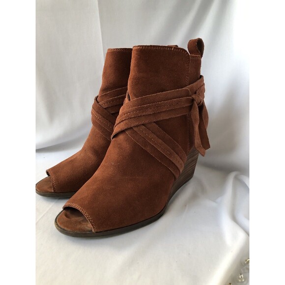 Lucky Brand Open Toe Brown Zip Up Suede Ankle Booties Size 9M - Picture 1 of 7